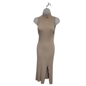 LEYDEN Ribbed Mock Neck Sleeveless Midi Dress - Neutral Beige Bodycon Slit